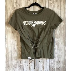 Women's Jurassic Park Veggiesaurus Tie Front Graphic T-Shirt Green Olive Size S